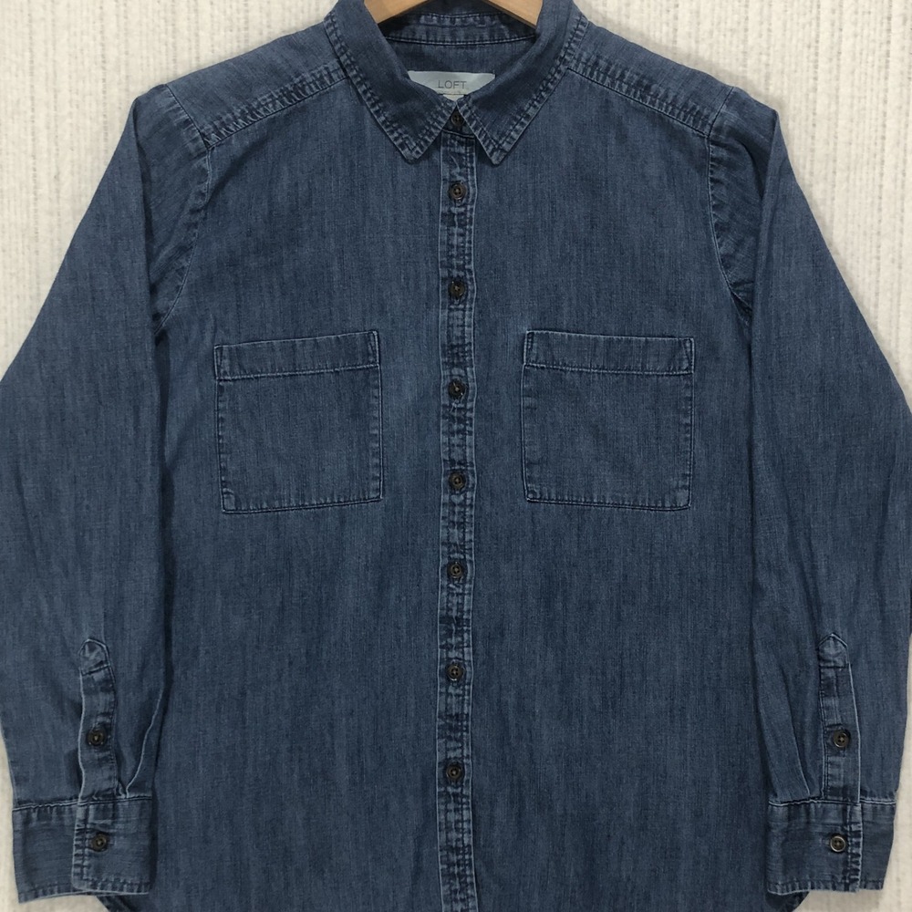 LOFT Womens Medium Wash Denim Button Down Shirt Long Sleeve Cotton Size M